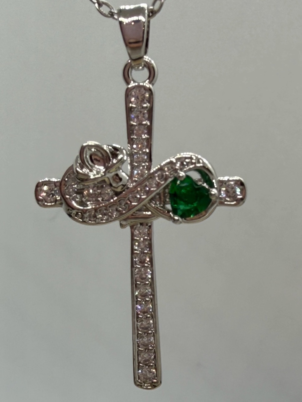Silver Cross Pendant Necklace with Green Gem